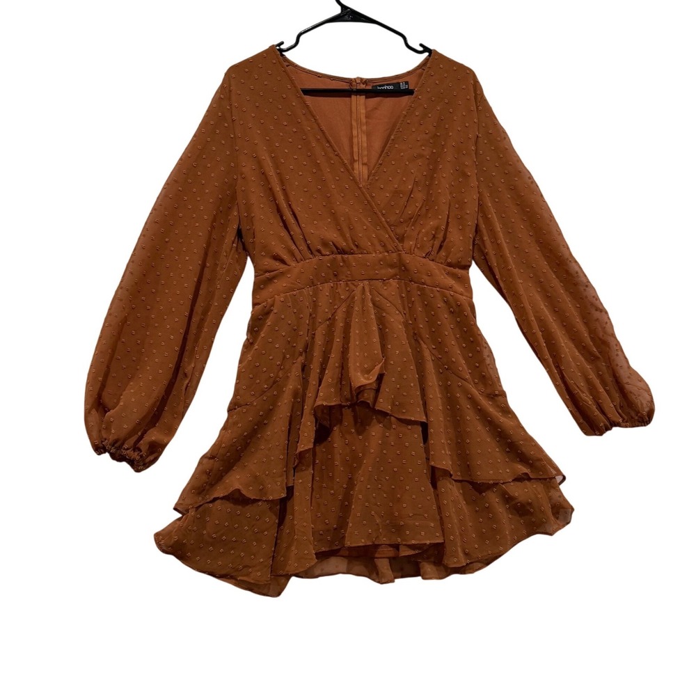boho Swiss Dot Rust Brown Ruffle Babydoll Mini Dress Cottagecore Feminine 12